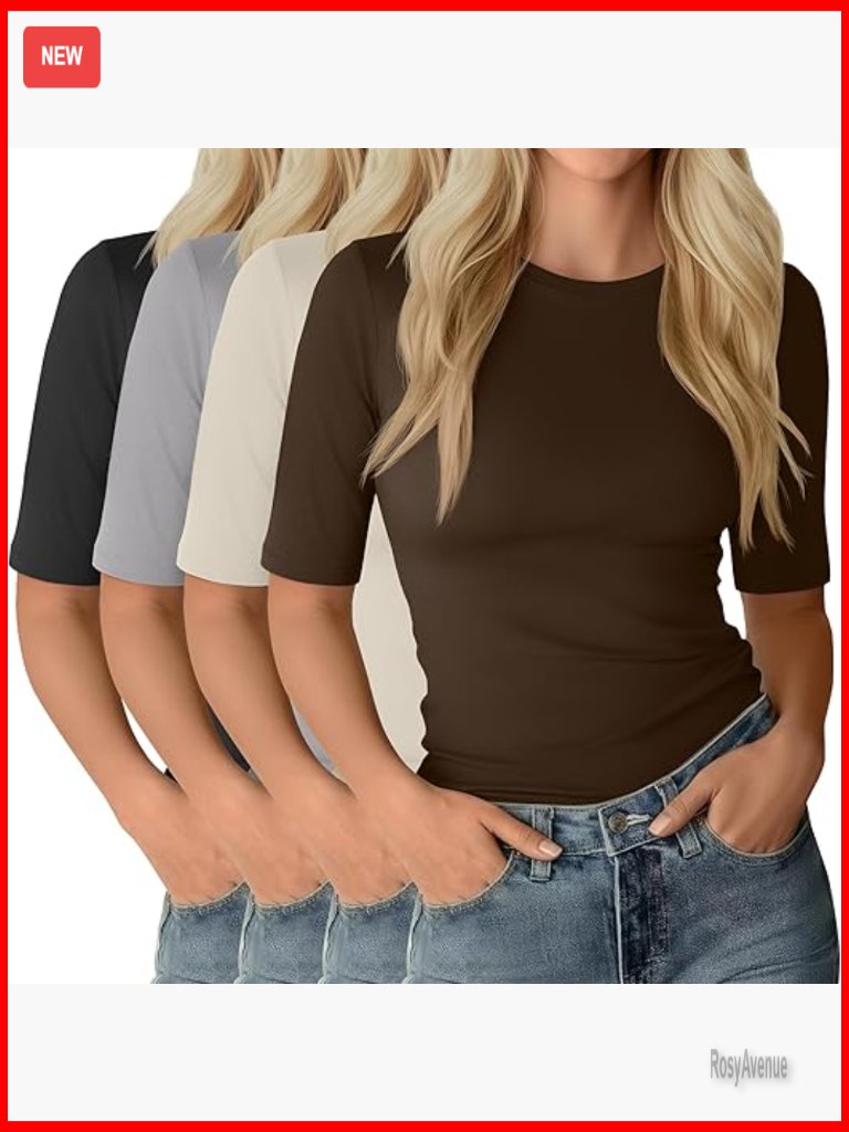 4 Pack Women's Half Sleeve Tops Elbow Length Slim Fit Crewneck T-Shirts